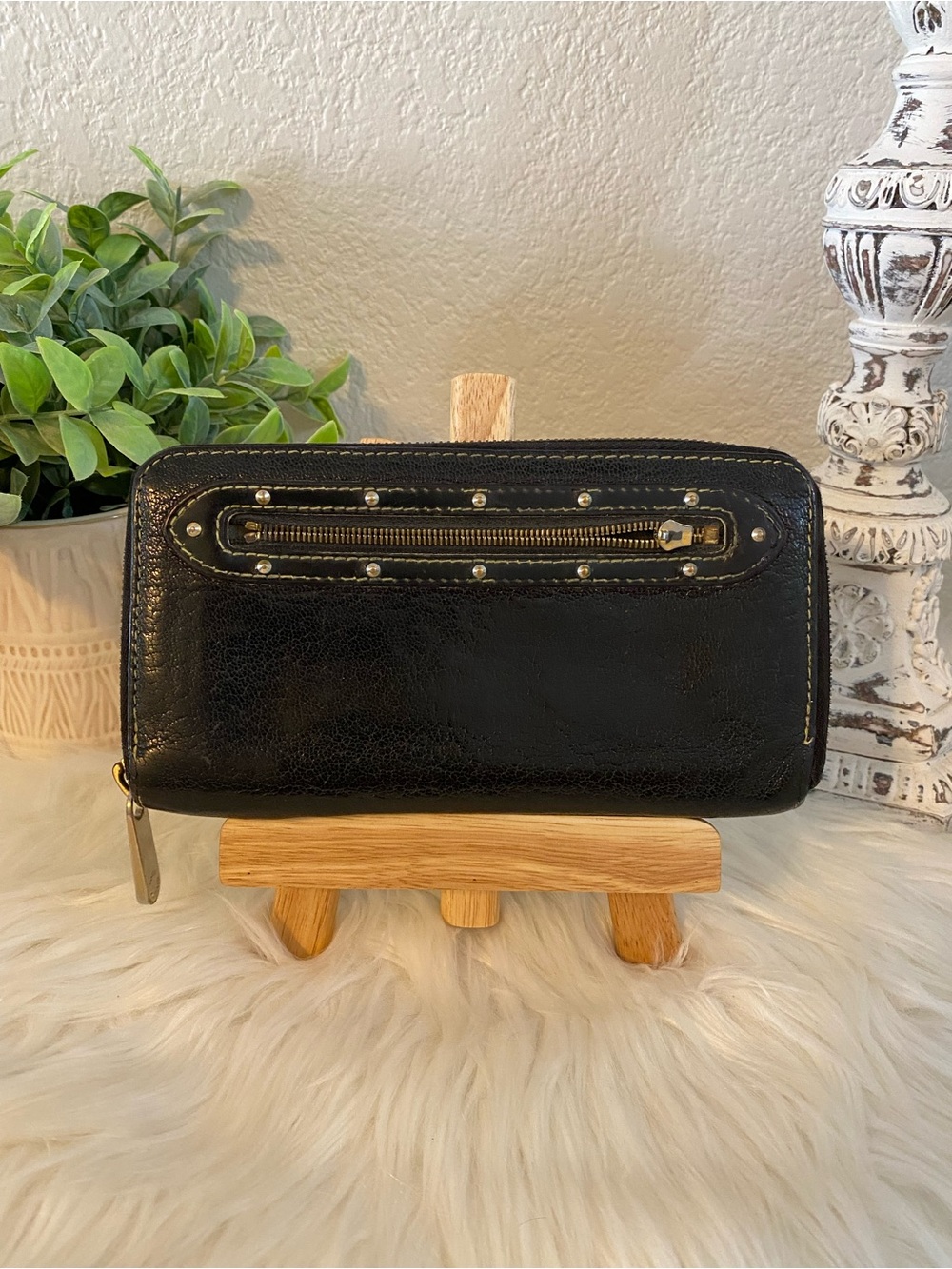 Louis Vuitton Black Zip-Around Women's Wallet with Stud Detail